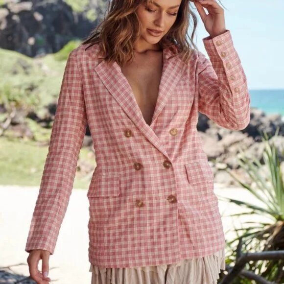 Free People Olivia Gingham Pink Plaid Check Blazer Jacket Large NEW - Picture 5 of 9
